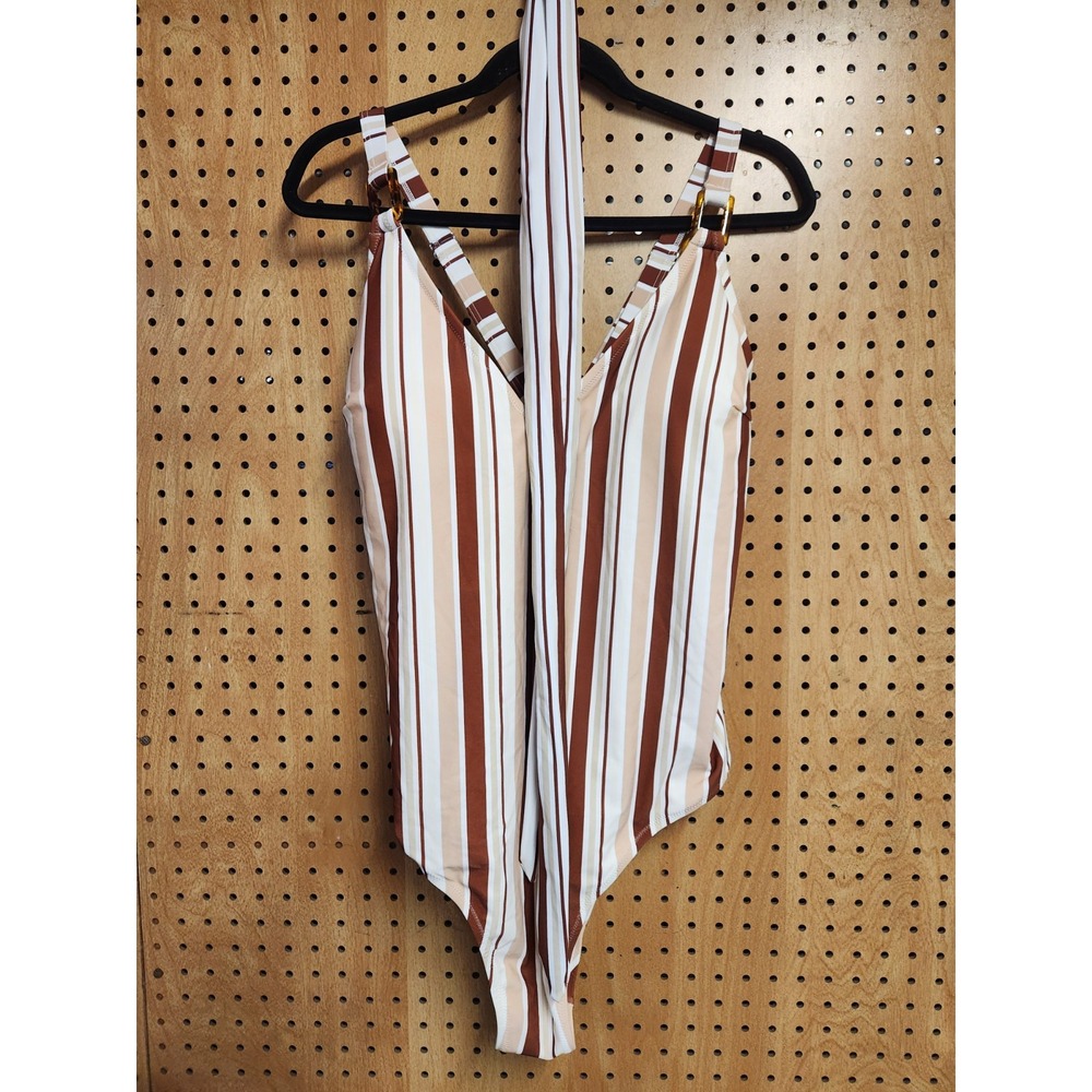 NWT Cupshe‎ One Piece Woman's Bathing Suit Size 4XL Brown White Striped Belt